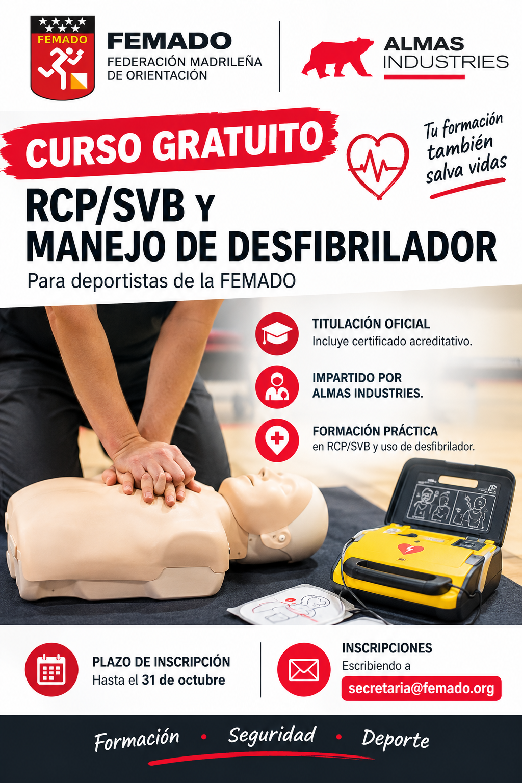 Cartel del curso gratuito de RCP/SVB y manejo de desfibrilador para deportistas FEMADO